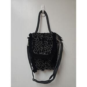 Ibban Hailey SMB Grey Leather Boho Fringe Crossbody Bag Floral Beaded Handcraftd
